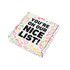 A gift box decorated with colorful holiday-themed graphics, featuring the phrase "YOU'RE ON OUR NICE LIST!"