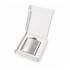 A silver hip flask is displayed inside an open white gift box, featuring a simple design and a logo.