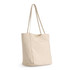 A beige tote bag with long handles and a minimalist design. It has a logo on one side.