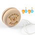 A wooden yo-yo featuring a circular design with "Mighty Bits" engraved on one side and attached string for play.