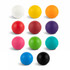 A collection of twelve solid-coloured balls in white, yellow, orange, red, brown, purple, pink, green, teal, blue, and black.