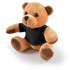 A plush teddy bear in light brown with a black shirt, featuring round eyes and a cute expression.