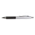 A metal pen featuring a sleek silver design with a black dotted grip and a clip.