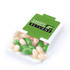 A box of jelly beans featuring green and white candies, with a branding logo on the packaging.