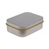 A silver rectangular tin with a smooth surface and a yellow rim, designed for pen packaging.