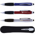 A collection of three stylus pens in blue, red, and silver, displayed in a black case. Each pen has a sleek design.