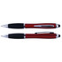 A red and black pen and stylus combo featuring chrome accents and a smooth grip. Includes a logo.