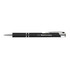 A sleek black metal pen with silver accents, featuring the engraving "MobiCurrency" on the barrel.