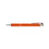 An orange metal pen with silver accents and a clip, featuring a logo on the body.