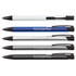 A collection of four metal pens in white, blue, silver, and black, with a logo on some pens.