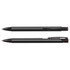 A black metal pen is displayed from different angles, featuring a sleek design and a subtle logo.