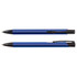 A blue metal pen with a black clip and tip, featuring a sleek design and a logo.