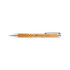 A bamboo pen featuring a polished silver clip, with a logo on the barrel, showcasing natural wood tones.