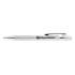 A silver aluminium pen with a textured grip and clip, featuring a logo on the side.
