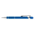 A blue aluminium pen with silver accents and a clip, featuring a branding logo.