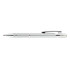 A metallic silver pen with a grip section and a clip, featuring a branding logo.