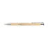A plastic pen with a beige cork body, silver accents, and a clip. It features branding.