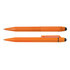 An orange pen and stylus combination with a black tip, featuring a clip design and a sleek finish.