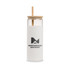A glass tumbler with a white frosted exterior, wooden lid, and straw, featuring a logo.