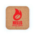 A square cork coaster featuring a red flame design alongside the text "HELLS COFFEE HOUSE."