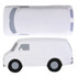 A white transit van stress reliever featuring black wheels and detailed windows. It has a simple design and a logo.