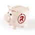 A small speckled pink piggy bank with a logo, featuring large eyes and a coin slot on top.