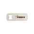 A drink bottle opener in white with a logo design. It features a keyring loop for easy attachment.
