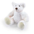 A soft, white plush teddy bear with pale yellow accents sitting with its arms and legs spread out.