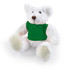A plush teddy bear with a soft white exterior and a green shirt.