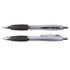 A metal pen set in silver, featuring black rubber grips and a sleek design, with a logo on each pen.