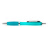 A plastic pen in a vibrant turquoise color with a silver clip and detailing. It features a logo.
