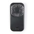 A portable black fan with a circular grill and a sleek rectangular body, featuring a logo.