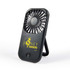 A portable Sirocco Fan with a black design, featuring a brand logo and a stand for support.