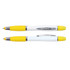 A stylus pen and highlighter in white with bright yellow accents, featuring a silver clip. The image includes two pens.