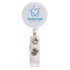 A white retractable name badge holder with a circular top and a metal clip, featuring a logo.