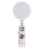 A retractable name badge holder featuring a round, white reel and a silver clip for attachment.