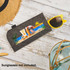 A gray felt sunglass pouch featuring a summer graphic and a yellow pair of sunglasses beside it, with a beach theme.