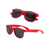 Red sunglasses with dark lenses, featuring a classic design and a small logo on the side.
