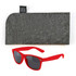 A pair of red sunglasses with dark lenses, accompanied by a gray felt carrying pouch.