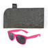 A pair of bright pink sunglasses accompanied by a gray felt pouch.