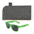 A pair of green sunglasses with dark lenses and a grey felt case.