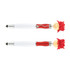 A stylus pen with a white barrel and a red glittery design, featuring a fun pom-pom head and a smiley face.
