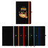 A set of colorful A5 notebooks in various shades, featuring a black notebook with a logo and an orange band.