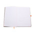 An open A5 notebook featuring lined pages and an orange ribbon bookmark, with a black cover.