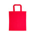A red cotton tote bag with short handles.