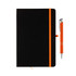 A black notebook with an orange elastic band and an orange-accented silver pen. The pen has a sleek, modern design.
