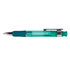 A plastic pen featuring a transparent barrel and a teal grip, complemented by a shiny silver clip and tip.