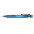 A blue plastic pen with a chrome clip and a transparent barrel. It has a logo on the side.