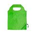 A green folding shopping bag with a handle and a drawstring closure, featuring a logo.