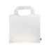 A reusable grocery bag made from recycled PET, featuring a simple white design and a handle for easy carrying.
